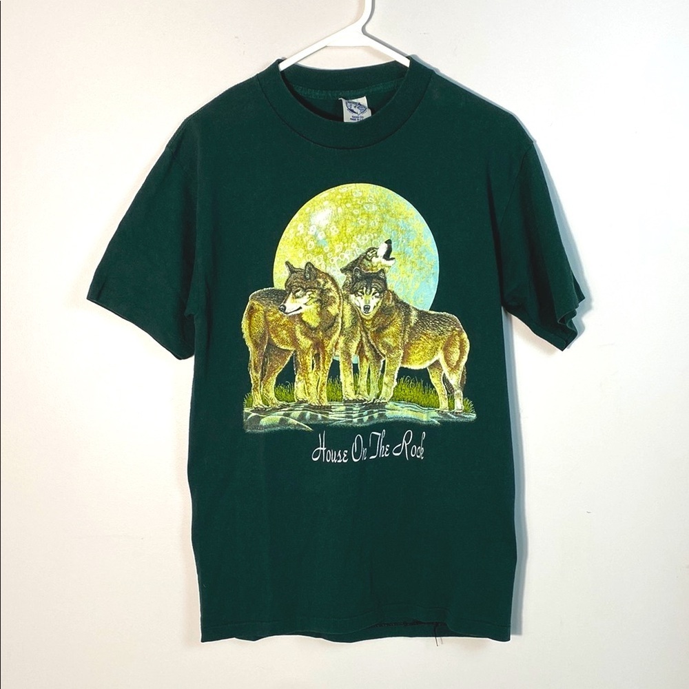 Vintage Single Stitch Eagle Tag Green T shirt with wolf graphic size medium